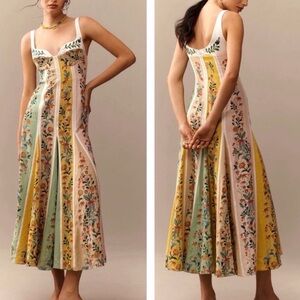 NWT Christian Lacroix Floral Panel Midi Dress in Yellow, Green & Cream Size 6